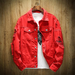 Men Jean Jacket Slim Fit Cotton Denim Jacket Red White Black