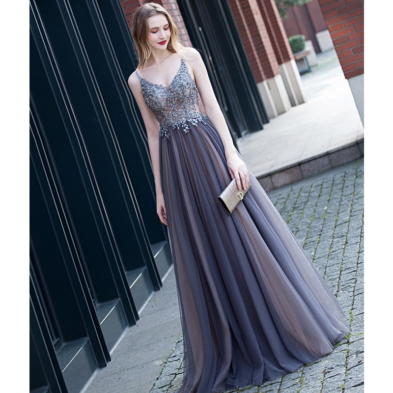 Evening wear Dresses: Prom Dresses V neck High Split Tulle Sleeveless Evening Gown