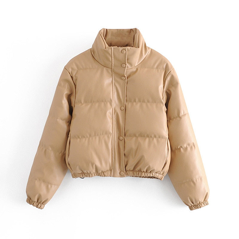 Winter Women Jacket Thick Warm Short Parka Black Pu Leather Coats Woman