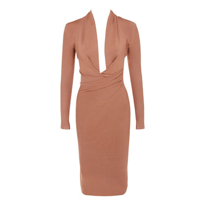 Spring Deep V Neck Women Bandage Dress Full Sleeves Celebrity Bodycon Dress