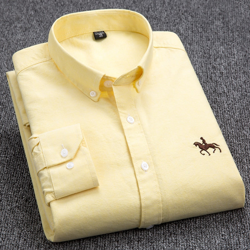 Cotton Oxford Shirt Men's Long Sleeve Embroidered Horse Casual