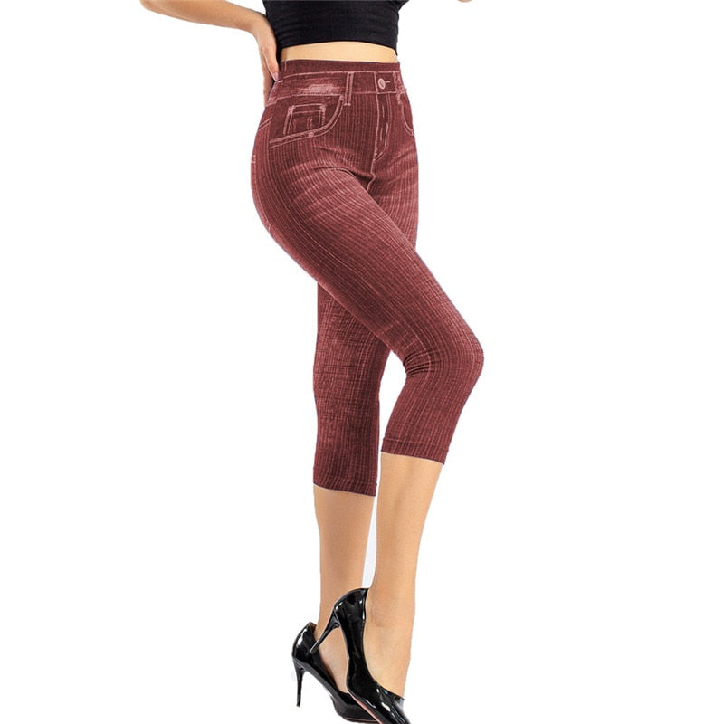 Women Casual Cropped Pants Solid Color Button Fly Waist Slim