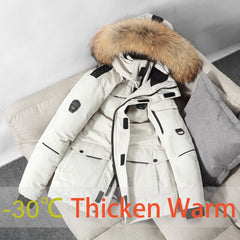 Men's White Down Jacket Cargo Warm Hooded Thick Puffer Jacket Coat