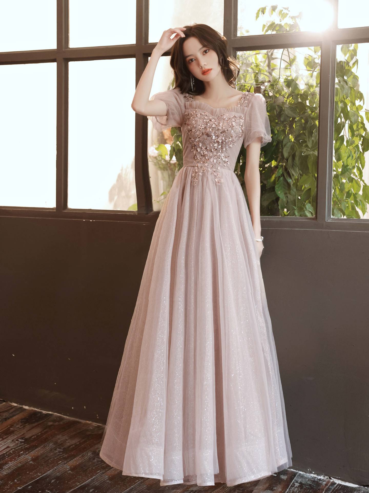 Evening wear Dresses: Elegant Sequins Bridesmaid Dress Short Sleeve