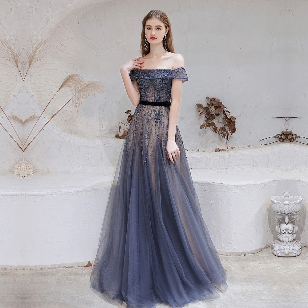 Evening wear Dresses: Blue Evening Dresses Luxury Beaded Beading