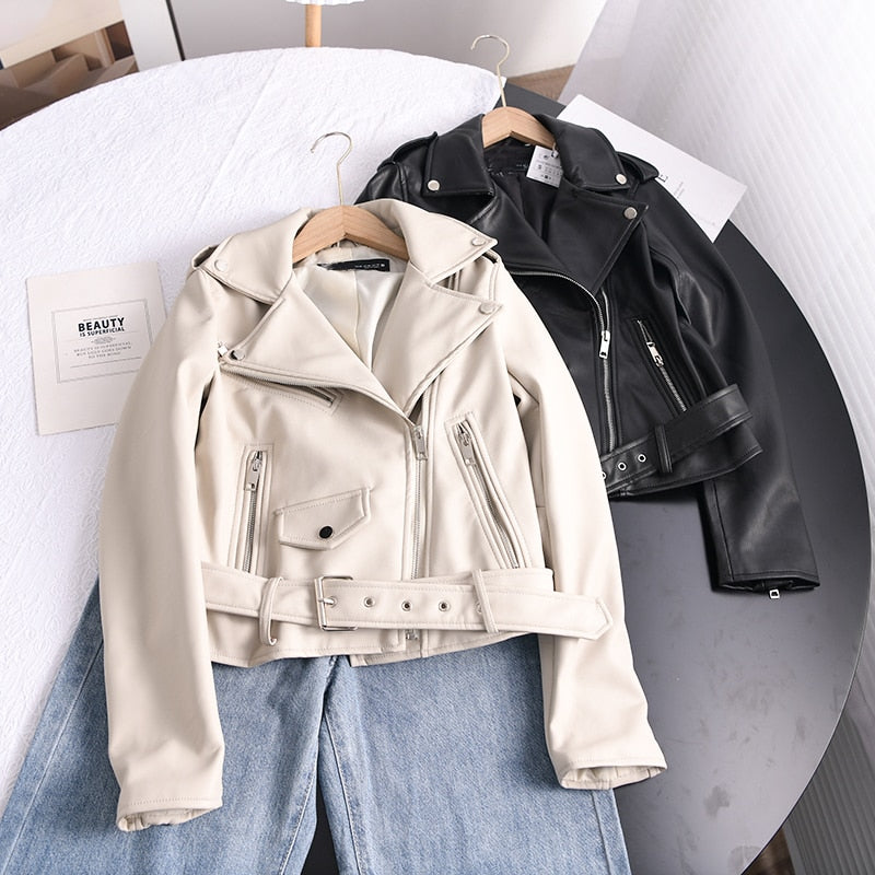 Spring Autumn Soft Faux Leather Short Jacket with Belt Women