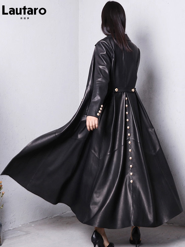 Autumn Long Skirted Red Black Faux Leather Trench Coat for Women