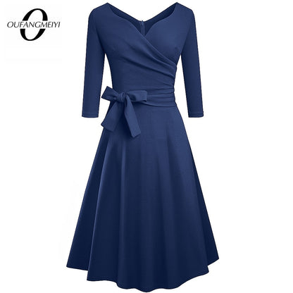 Women Classic Vintage Sexy V Neck Bow Party Casual Elegant Charming A Line Dress