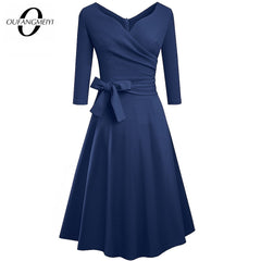 Women Classic Vintage V Neck Bow Party Casual Elegant Charming A Line Dress