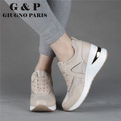 Leather Shoes women platform sneakers wedge chunky walking shoes comfortable