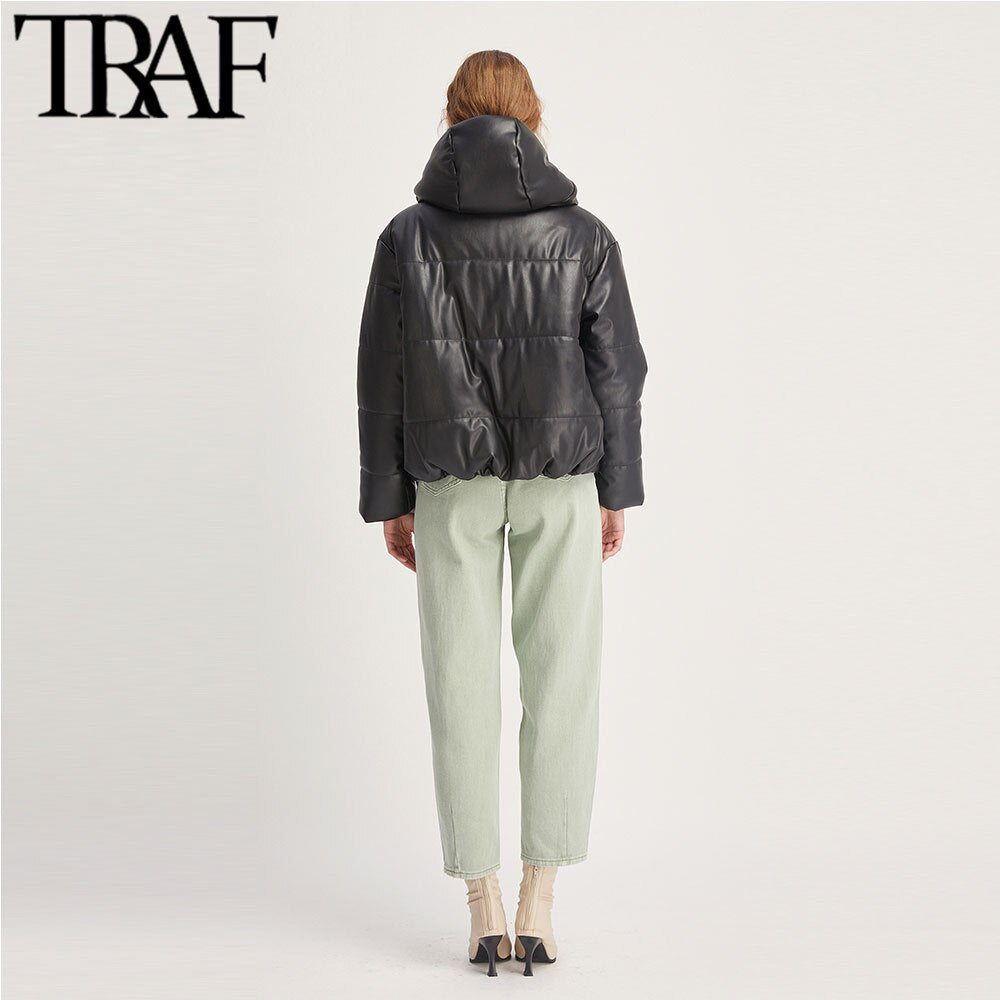 TRAF Women Vintage Warm Winter Faux Leather Jacket Padded Coat Fashion