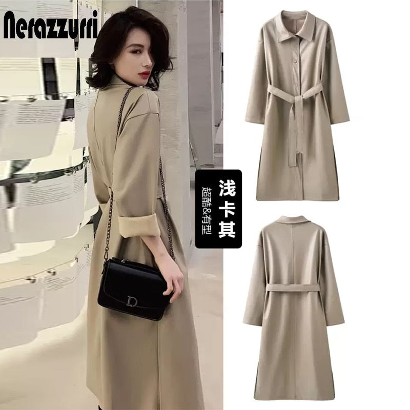 Autumn long leather trench coat for women long sleeve belt buttons