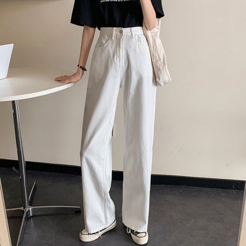 Women White Casual Jeans Autumn Korean Style All-match Loose High Waist