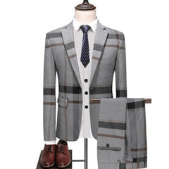 Men's Wedding Plaid Blue Gray Blazers Jacket Pants Vest 3 Pcs Set