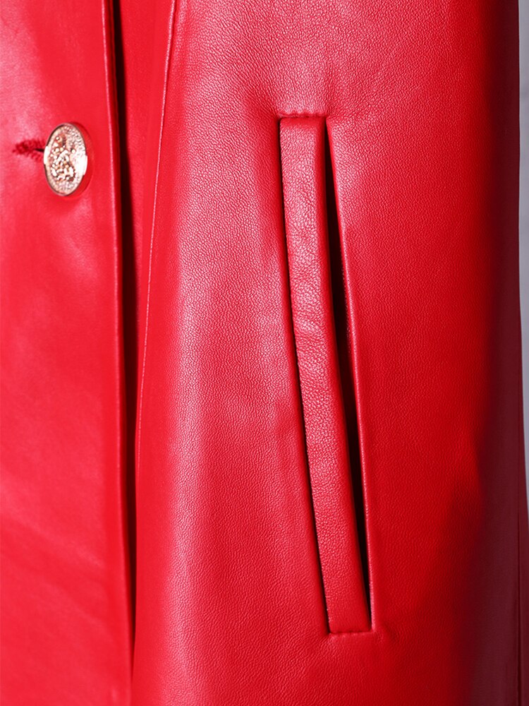 Autumn Long Skirted Red Black Faux Leather Trench Coat for Women