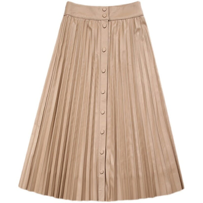 Pleated Long Skirt Women Natural Leather Pure Skin A-Line Buttons Maxi