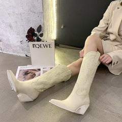 Women Shoes Embossing pu Leather Shoes Knee-High Boots Chunky Wedges shoes