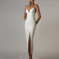 Women White Bodycon Bandage Dress V Neck Spaghetti Strap