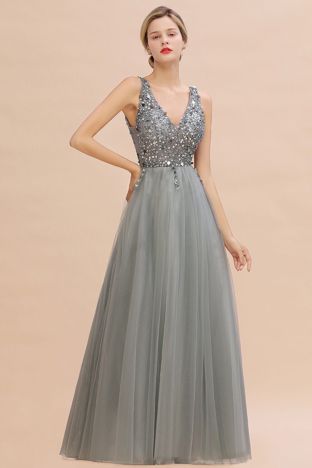Homecoming Dresses: V-neck Prom Dresses Long Backless Sequins Prom
