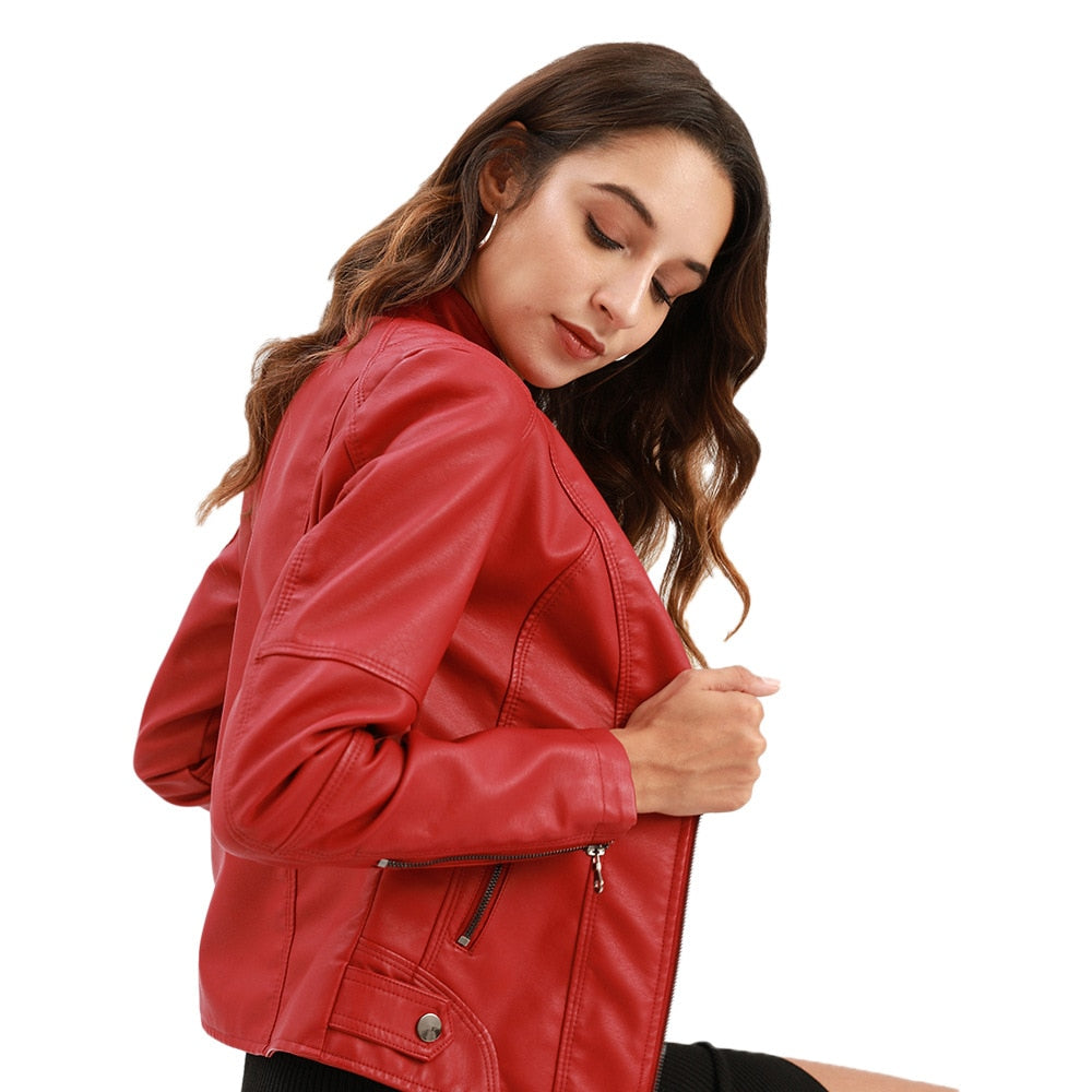 Women Leather Jacket Spring Autumn Black PU Leather Coat Stand-up