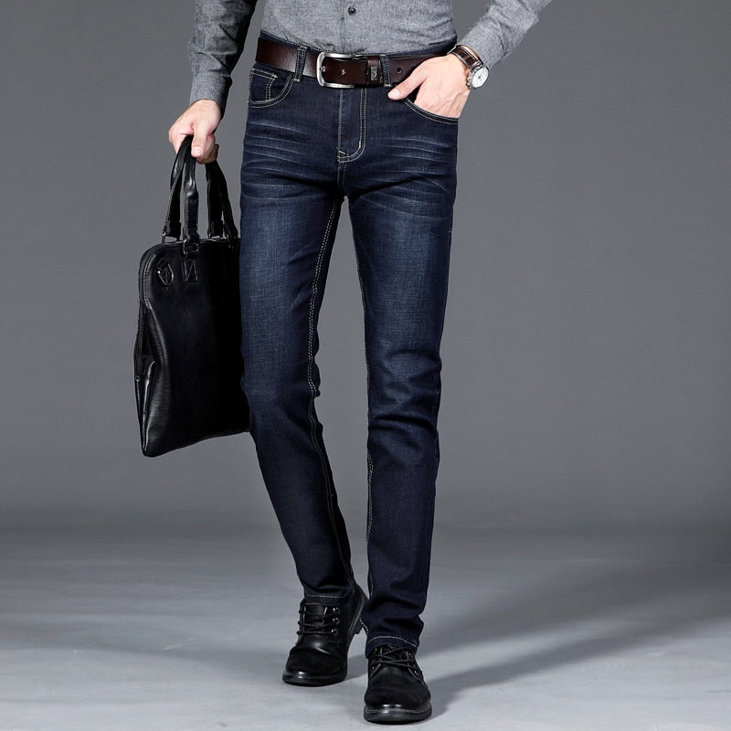 Classic Style Men Black Blue Regular Fit Jeans Business Casual Stretch Denim Pants