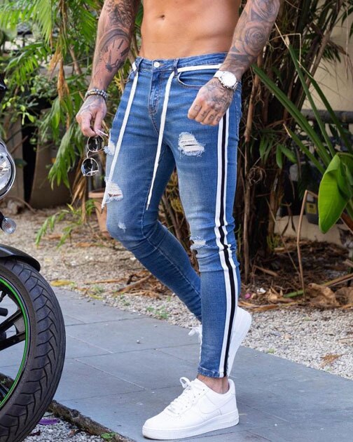 Skinny Jeans Men Hip Hop Stripe Elastic Slim Fit Denim Pants Male Stretchy Pencil