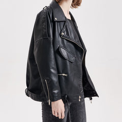 Autumn Women Faux Soft Leather Loose Jacket Coat Turndown