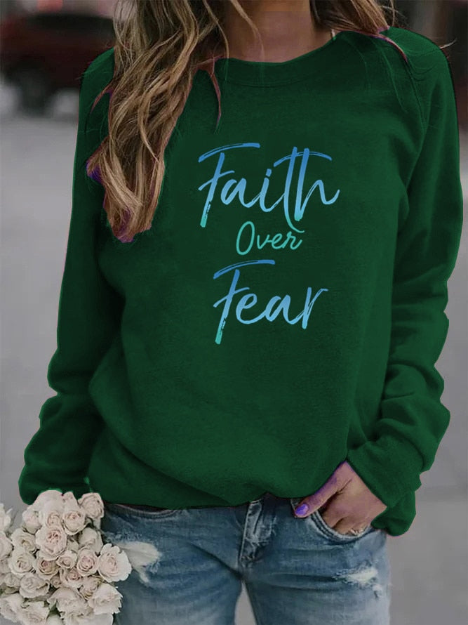 Women Hoodie Faith Over Fear Letter Printed Hoodies Women Fleece Long
