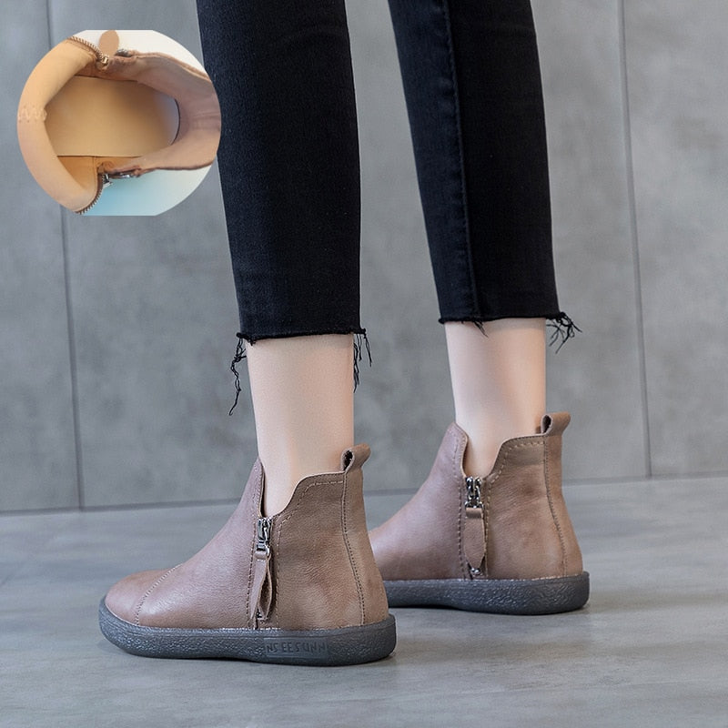 Genuine Leather Cow Women Ankle Boots Warm Fur Waterproof