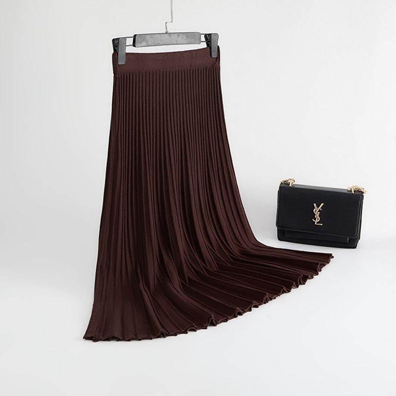 Vertical Striped knitted Women Sweater Skirt Elastic Band Pleated Midi Skirts