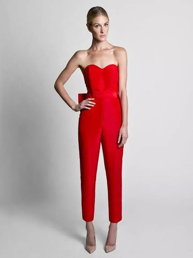 Evening wear Dresses: Red Jumpsuit Detachable Skirt Sweetheart Formal Pants
