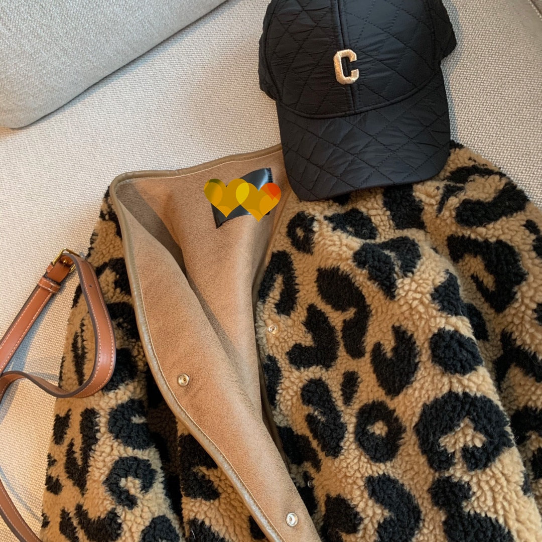 Leopard print fur one-piece short jacket women spring and autumn Coats