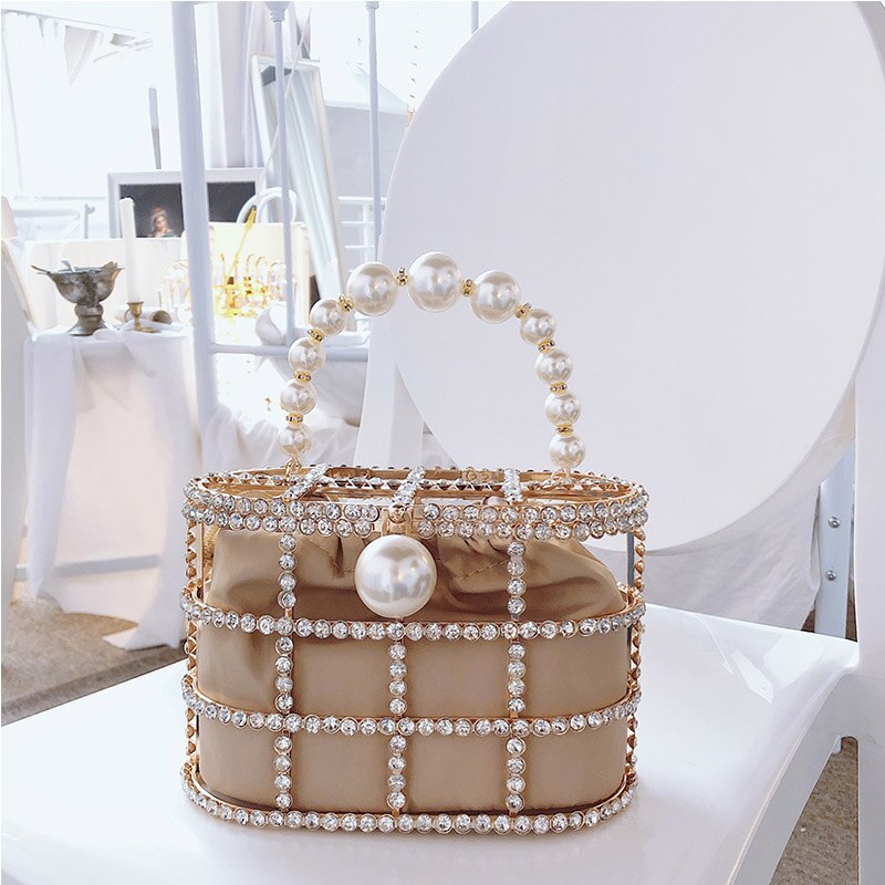 Diamonds Basket Evening Clutch Bags Women Luxury Hollow Out Pearl Beaded