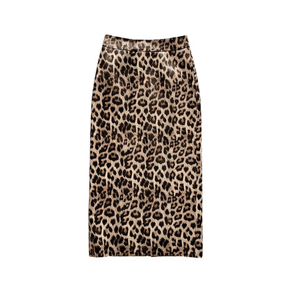 Leopard Print Genuine Leather Long skirt Female Over Knee Wrap Back Split Wild
