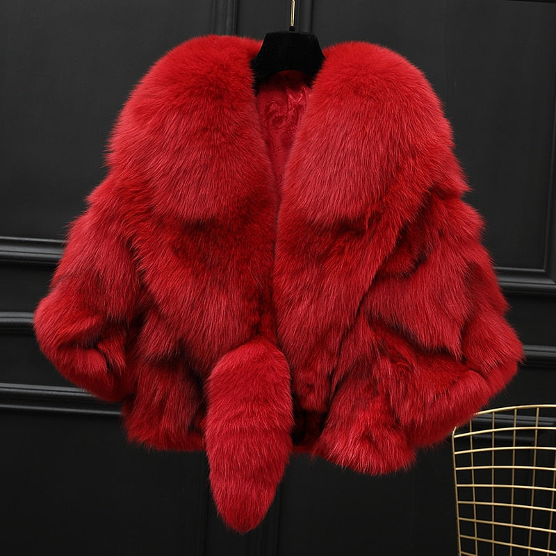 Winter Cloak Warm  Women Cardigan big real Fox Fur Collar Cape Fashion Solid