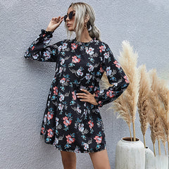 Autumn Winter Fashion Floral Dress Women Casual Full Sleeve High Waist Loose