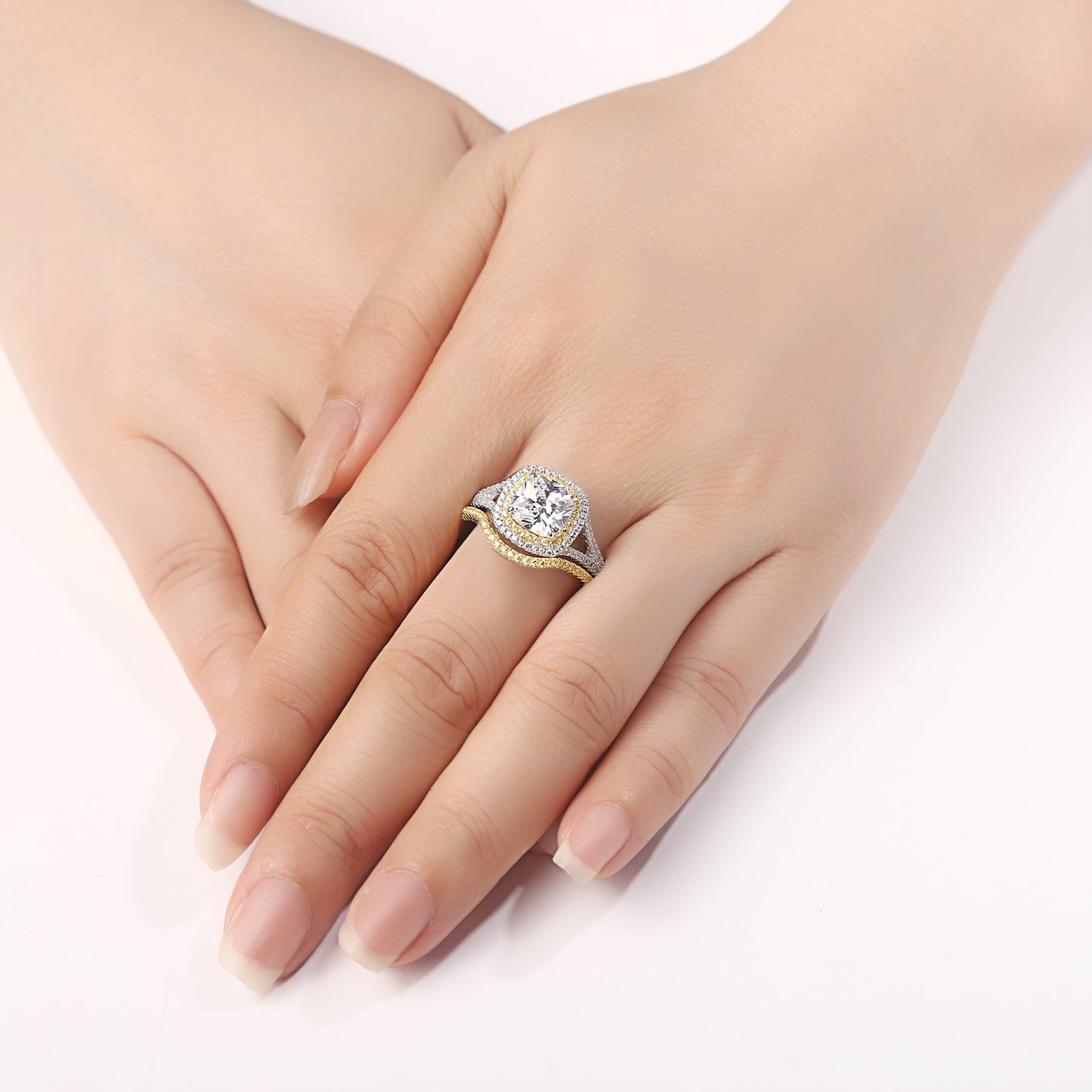 925 Silver Jewelry Halo Yellow Gold Color Engagement Ring Wedding Band