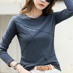 Ribbed Sping Fashion Bamboo Cotton T-Shirt Autumn Women O-Neck Loose