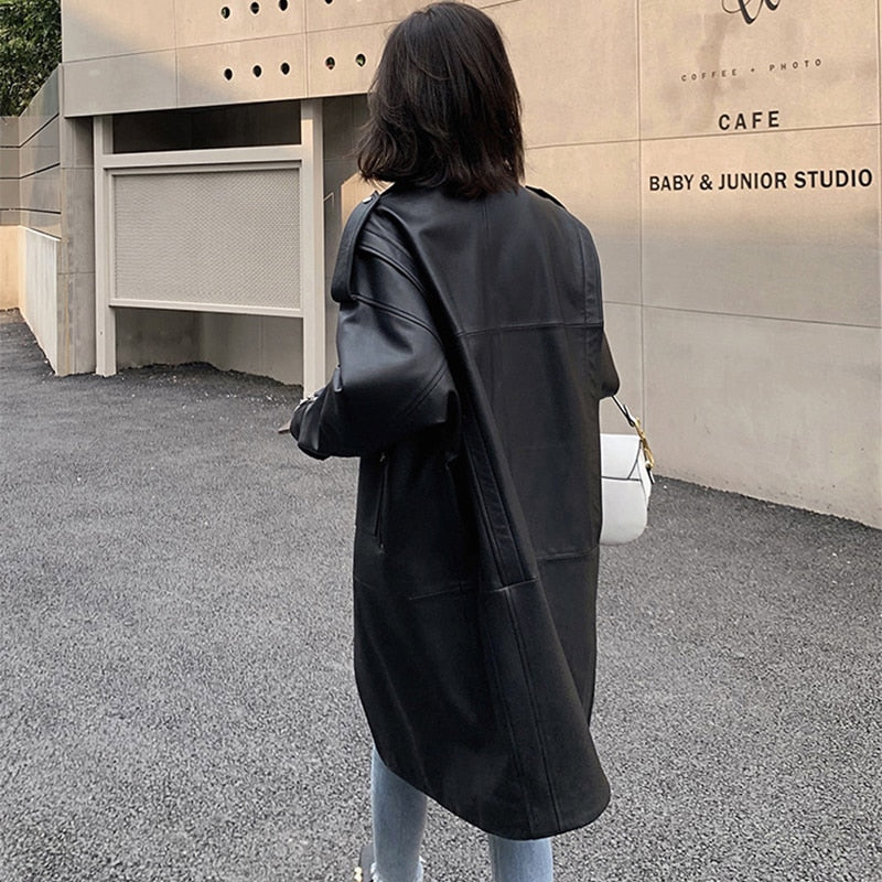 Autumn Oversized Black Long Womens Leather Jacket