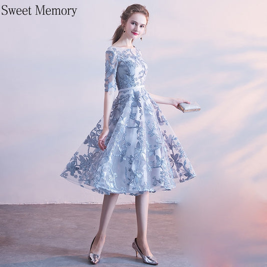 Homecoming Dresses: Navy Blue Silver Gray Pink Short Prom Dresses Appliques Lace