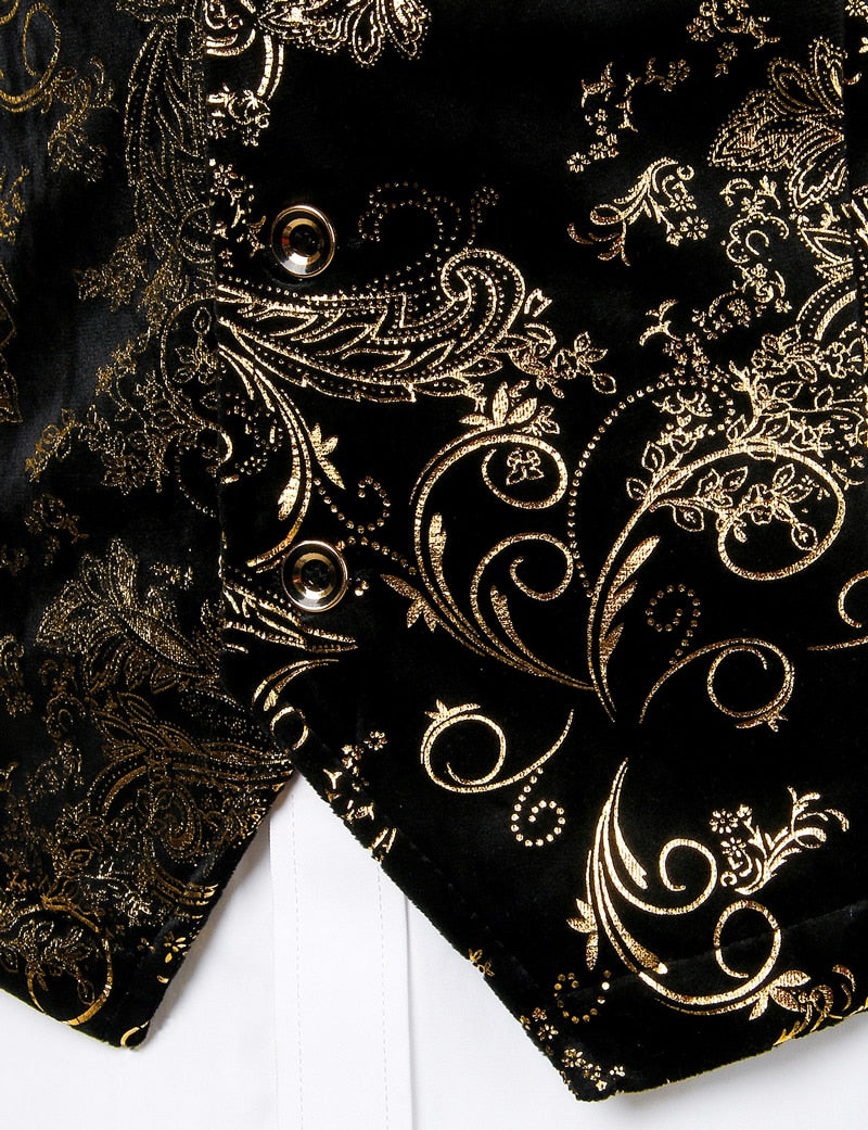 Mens Gold Metallic Paisley Printed Steampunk Vest Single Breasted V Neck