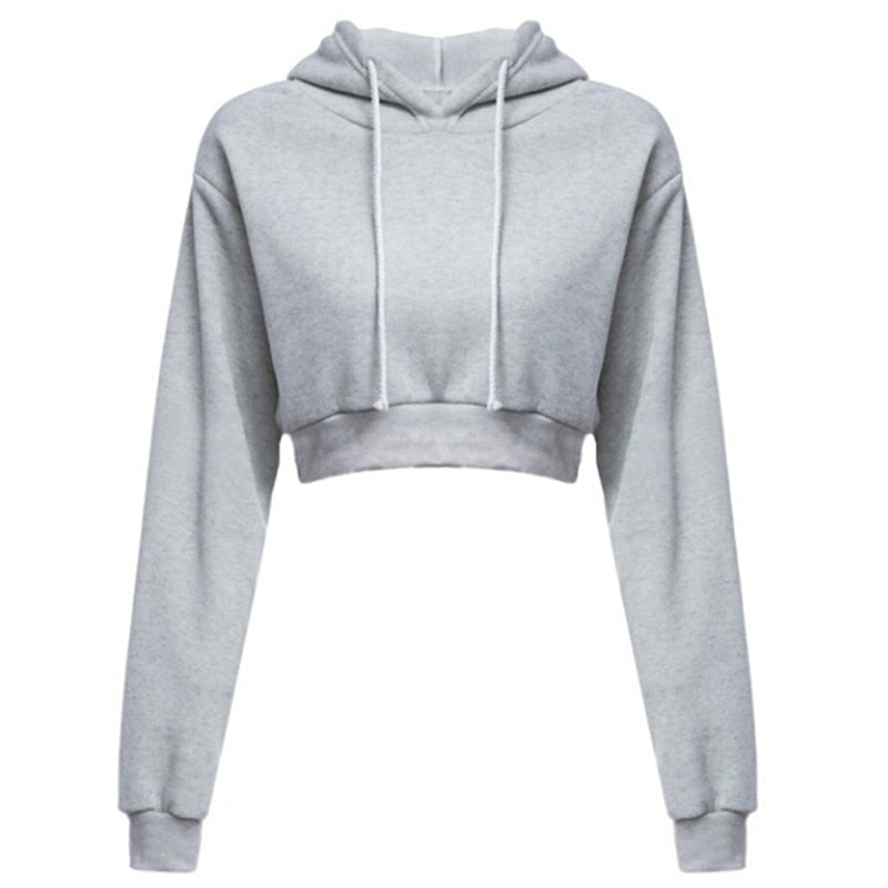 Women Hoodies Solid Crop Hoodie Long Sleeve Jumper Hooded Pullover