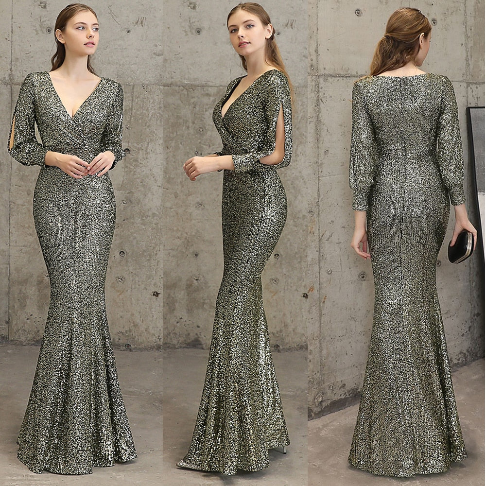 Evening wear Dresses: V Neck Mermaid Evening Dress Long Formal Prom Party Gown