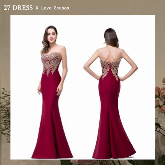 Backless Appliques Burgundy Mermaid Lace Long Prom Dresses