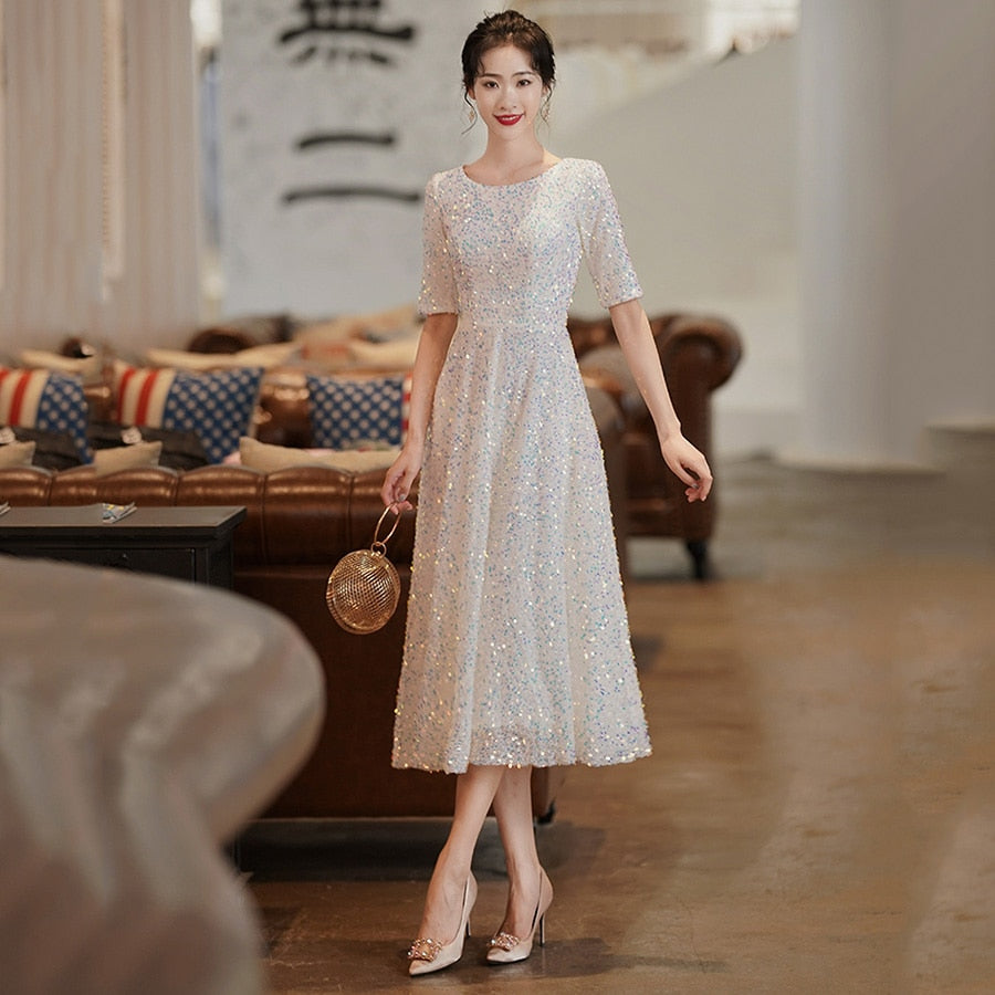 Evening wear Dresses: Evening Dress O-Neck Half Sleeve Women Party Gowns