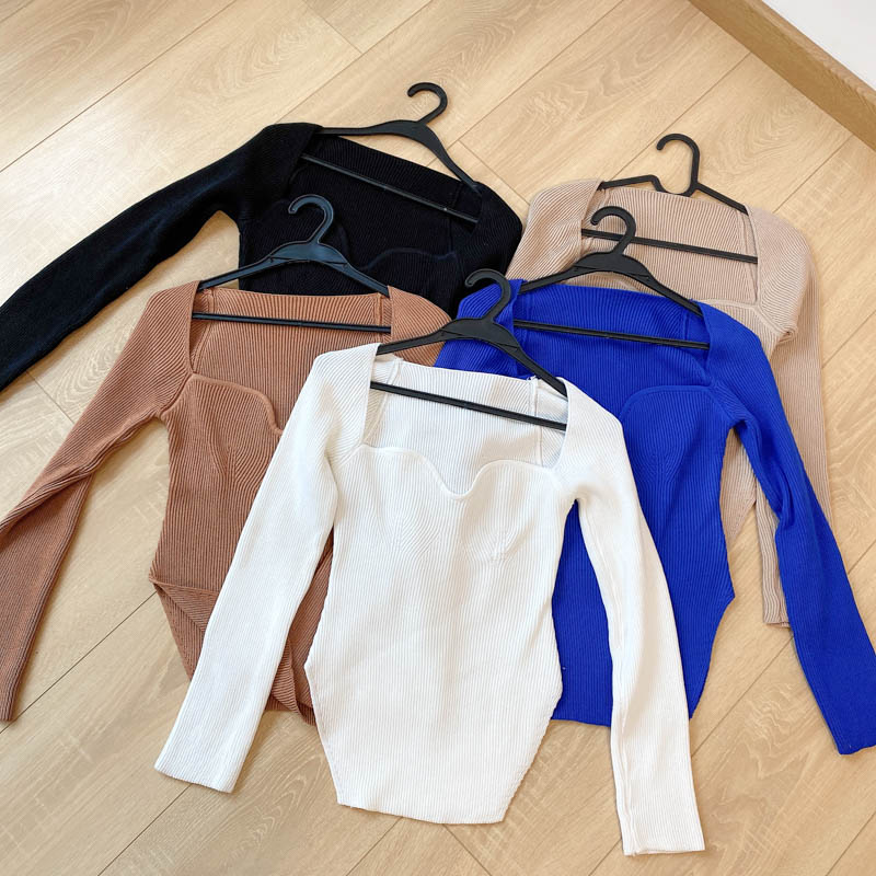 Square Collar Long Sleeve Woman Sweaters Knitted Pullover Women