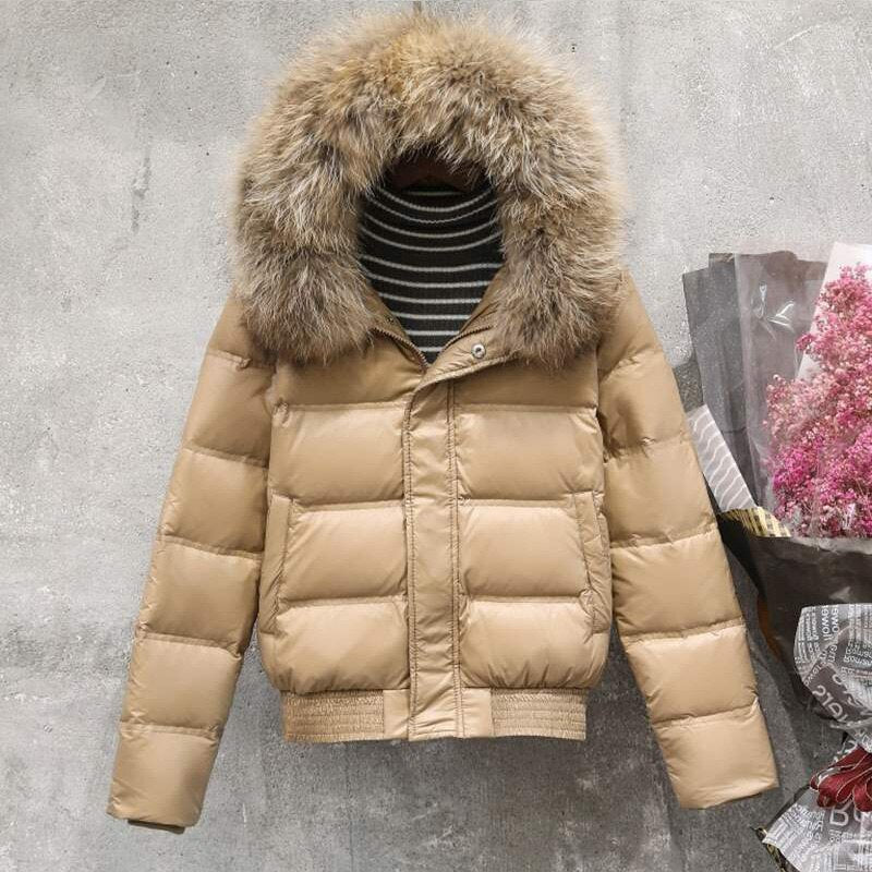 Winter Real Raccoon Fur Feather Jacket Women Hooded Slim White Down