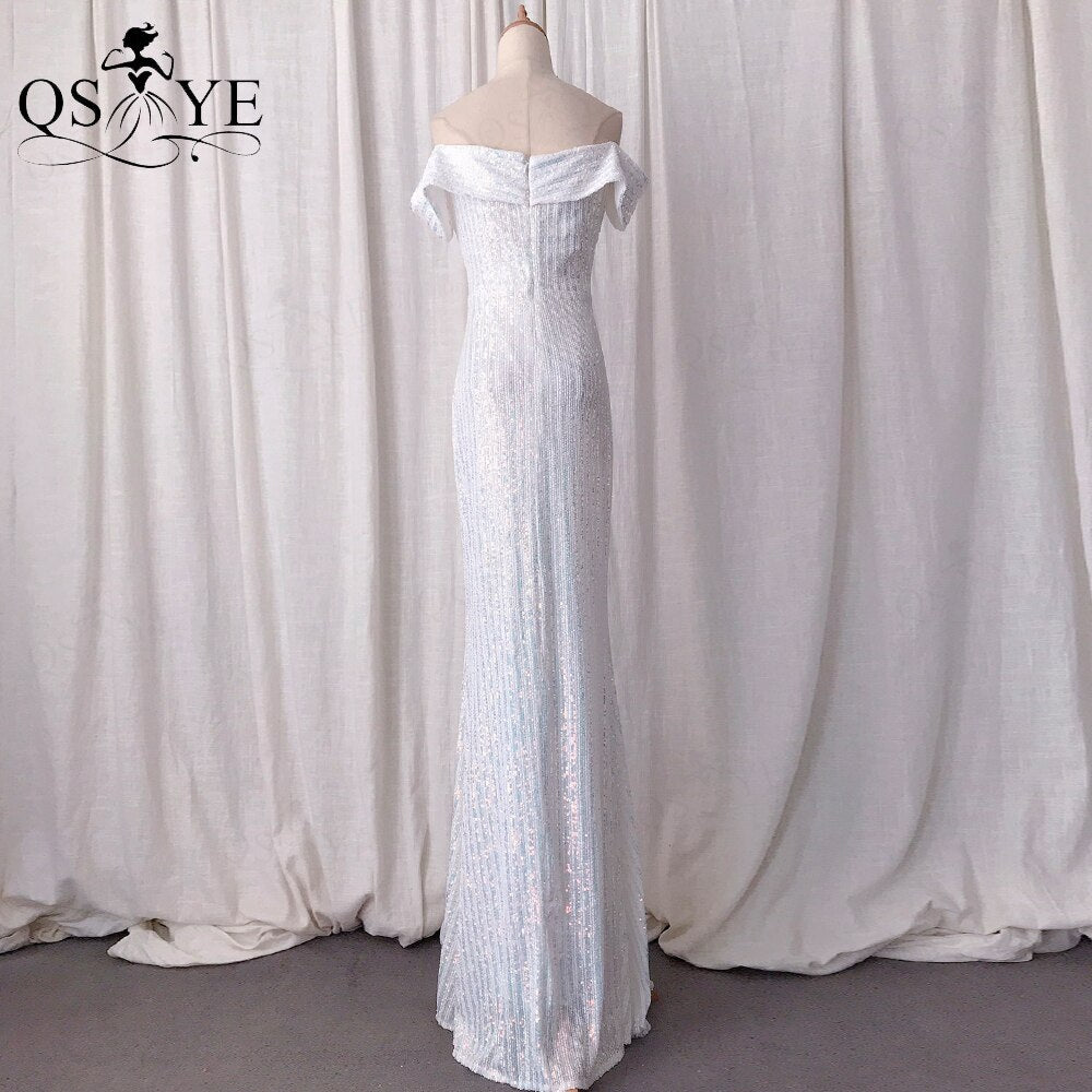 Homecoming Dresses: Off Shoulder White Prom Dress Long Twill Sequin Evening Gown