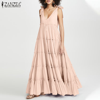Women Summer Maxi Long Dress ZANZEA Fashion Lace Up V Neck Ruffles