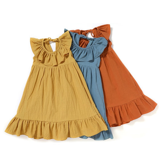 Girls Dress Summer Solid Color Cotton Linen Ruffles A-Line Princess Long Dresses